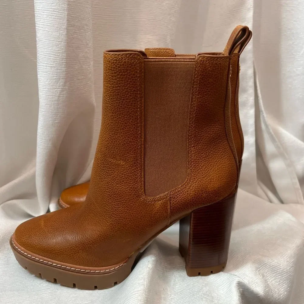 Tory Burch Leather Heeled CARSON LUG SOLE ANKLE BOOTS in Toasted Caramel